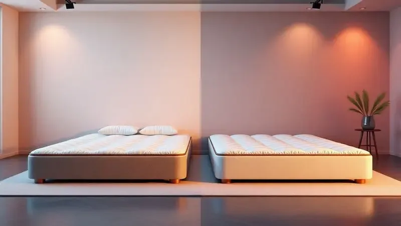 Comparativo conceitual em 3D entre dois estilos de colchões premium em um ambiente de estúdio com iluminação dinâmica.