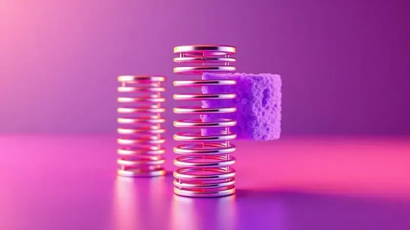 Comparação visual entre molas ensacadas e espuma de alta densidade em estilo 3D conceitual.