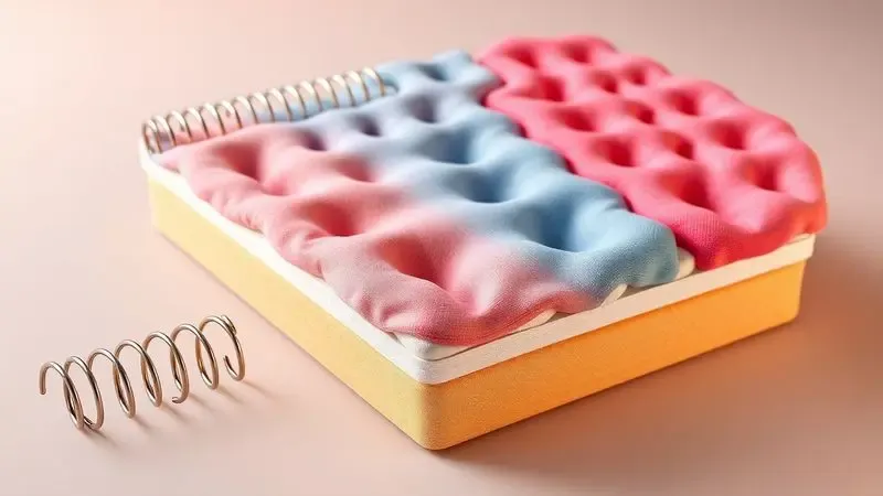 Ilustração 3D conceitual de molas metálicas e tecidos coloridos representando a tecnologia interna de um colchão de alta qualidade.