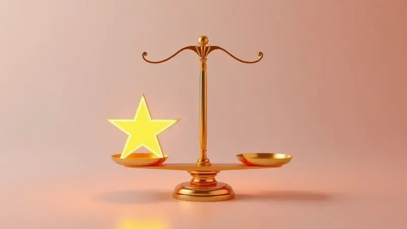Balança minimalista em 3D equilibrando símbolos de valor e qualidade em um fundo limpo e vibrante.