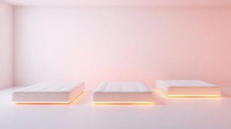 Representação conceitual em 3D comparando diferentes tamanhos e proporções de colchões de solteiro em um ambiente moderno.