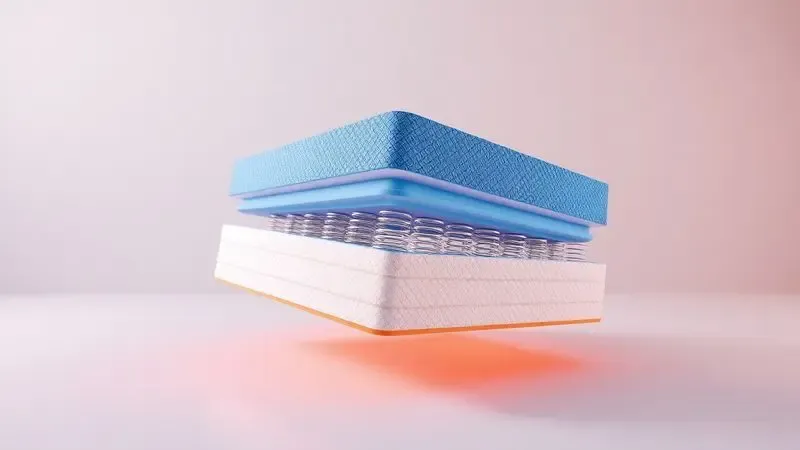 Visualização 3D das camadas internas de um colchão híbrido mostrando espumas e molas ensacadas de forma conceitual.