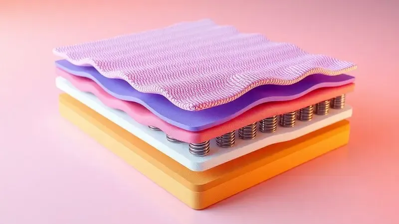 Representação artística 3D das camadas internas de espuma e molas de um colchão de alta tecnologia.