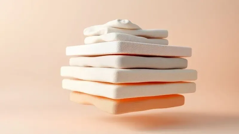 Representação artística em 3D das camadas de espuma e materiais de alta tecnologia de um colchão moderno.