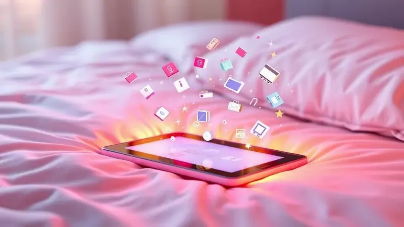 Ilustração conceitual de compras online de colchão com ícones digitais em um ambiente doméstico acolhedor.