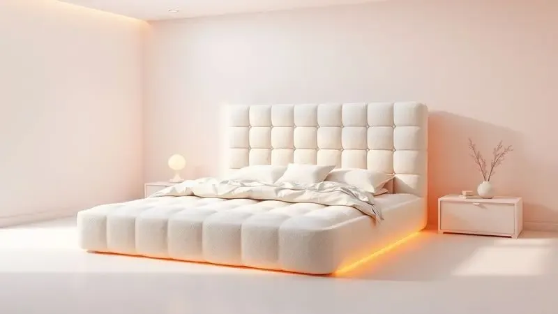 Ilustração 3D conceitual de uma cama box conjugada destacando sua estrutura integrada e unificada em um ambiente minimalista.