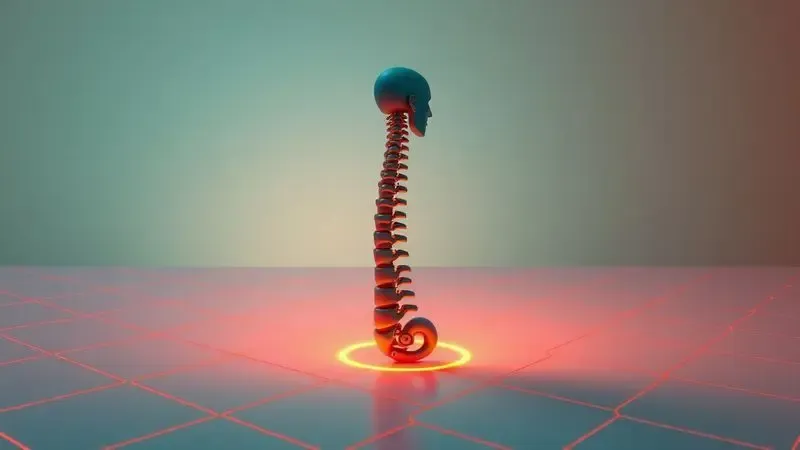 Ilustração conceitual 3D de suporte ortopédico firme e alinhamento da coluna em uma superfície geométrica moderna.