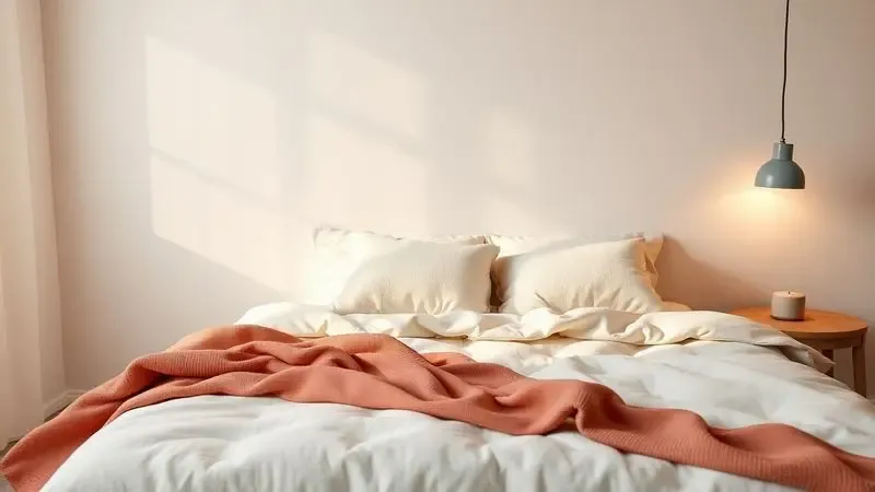 Quarto aconchegante com texturas macias e luz quente representando o conforto de um colchão de qualidade.