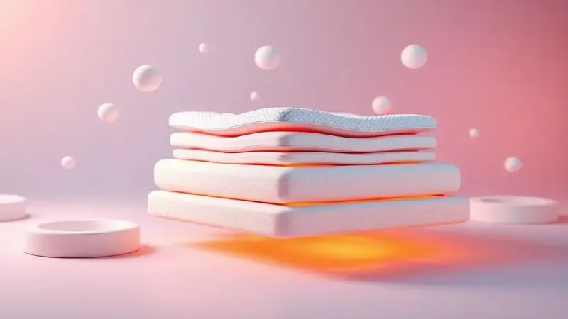 Ilustração 3D conceitual representando o conforto e as camadas internas de um colchão de alta tecnologia.