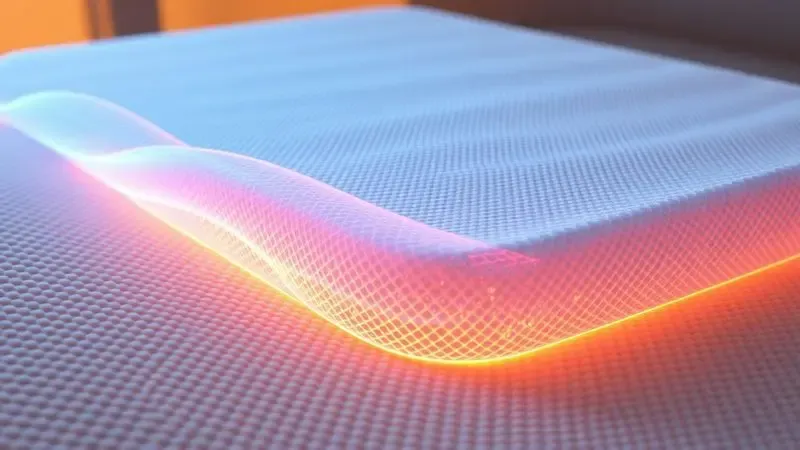 Visualização 3D de ondas de ar azul e laranja atravessando o interior de um colchão para representar controle de temperatura.
