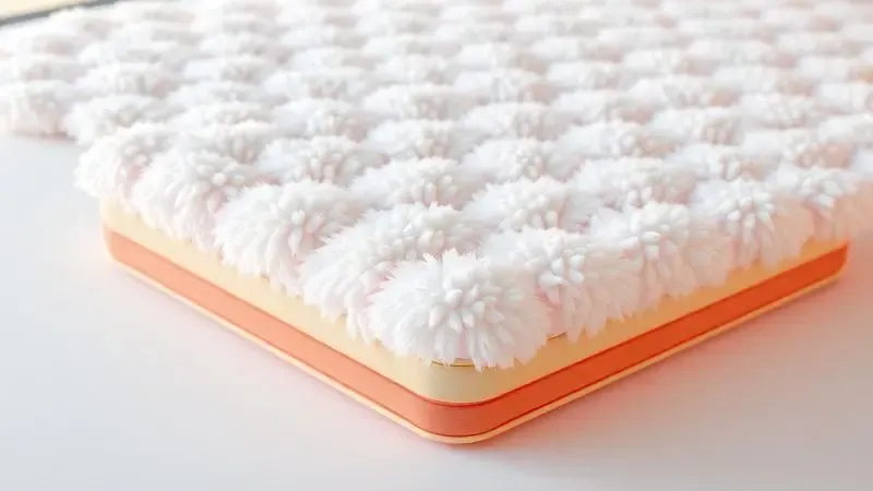 Representação artística 3D das camadas de conforto de um colchão com texturas macias e iluminação suave.
