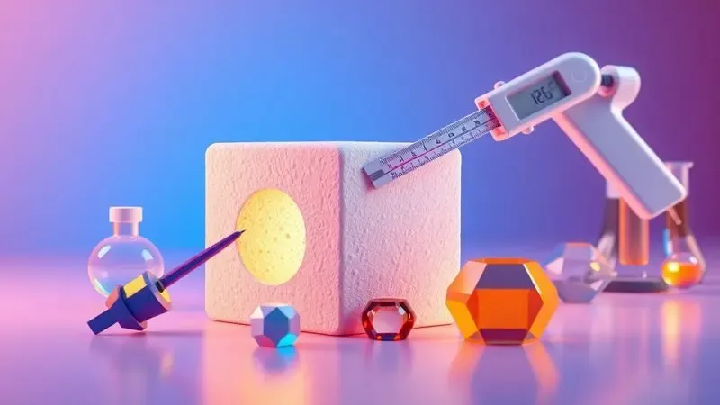 Ilustração 3D conceitual de testes de laboratório e controle de qualidade em blocos de espuma coloridos.