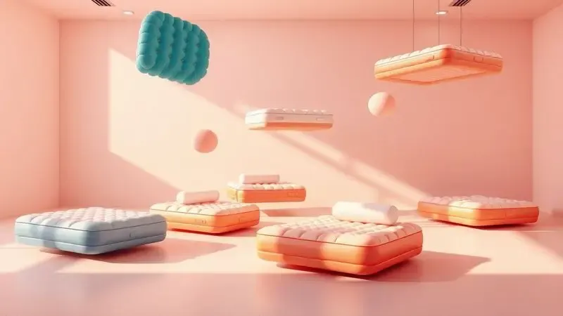 Cena conceitual 3D com diferentes modelos estilizados de colchão pneumático em um ambiente moderno e iluminado.