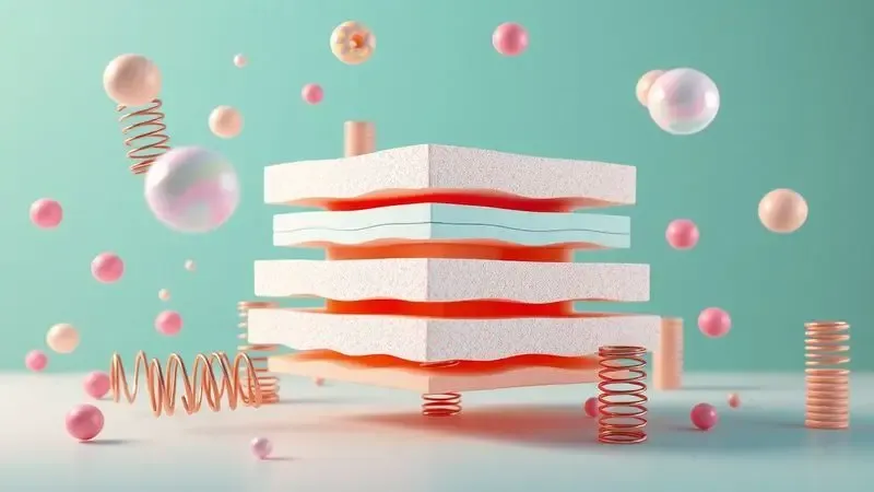 Visualização conceitual em 3D das camadas internas de um colchão premium, destacando suporte e materiais de qualidade.