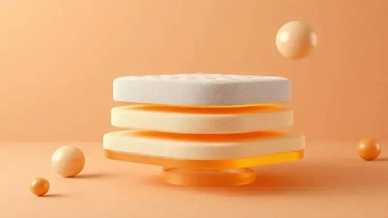 Representação conceitual 3D de camadas abstratas simbolizando suporte e densidade de um colchão premium.