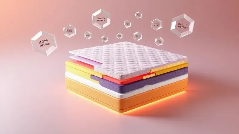Corte transversal artístico em 3D de um colchão mostrando camadas coloridas de espuma e suporte estrutural.