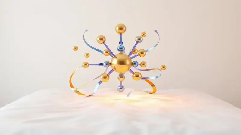 Ilustração conceitual 3D com ícones flutuantes e luzes suaves representando critérios de qualidade e durabilidade para a escolha de colchões.