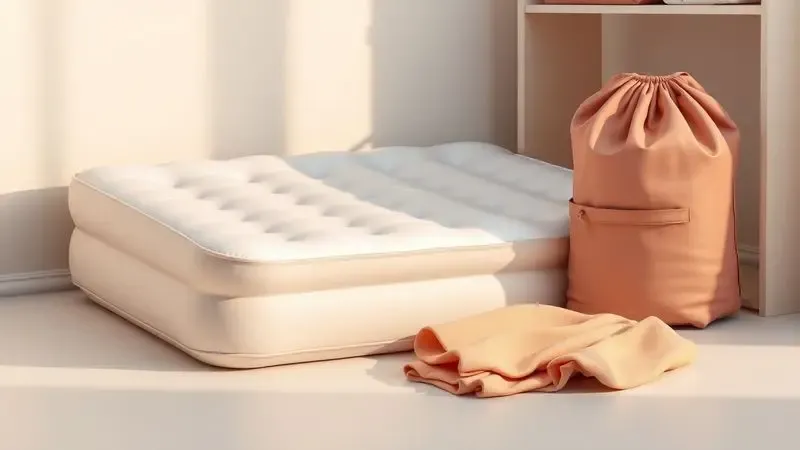 Ilustração 3D de um colchão inflável dobrado e guardado de forma organizada, representando cuidado e durabilidade.