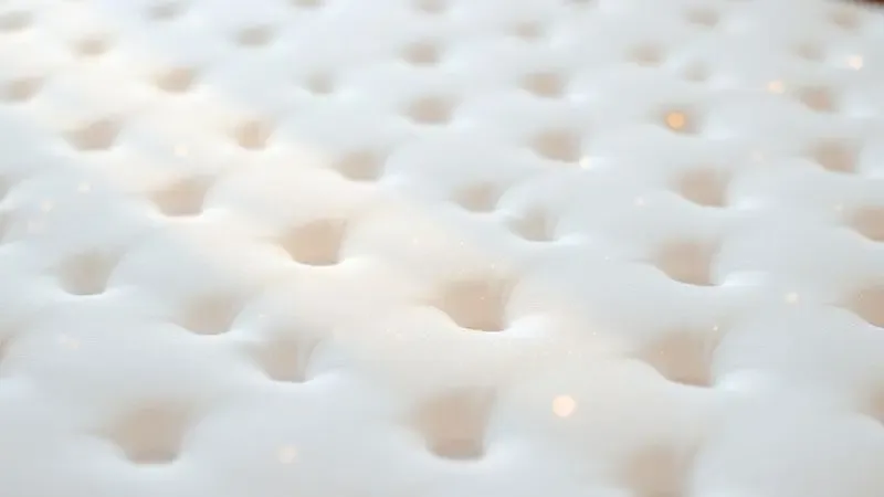 Representação visual de limpeza e durabilidade de colchão com texturas suaves e partículas de luz brilhantes.