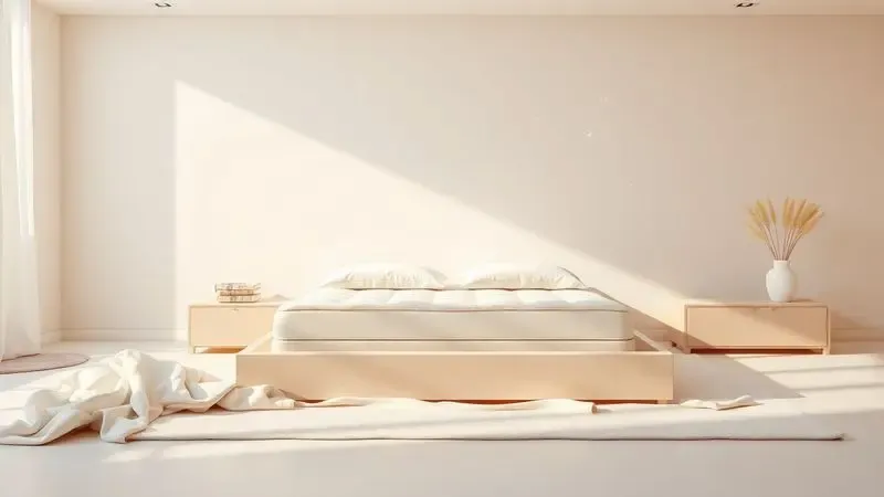 Cena 3D minimalista de um colchão limpo e bem cuidado em um ambiente de quarto moderno e arejado.