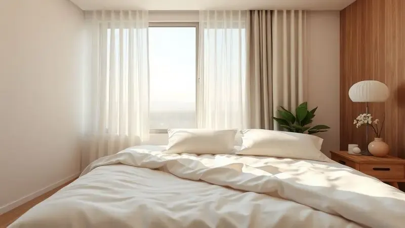 Quarto moderno e iluminado com cama perfeitamente arrumada para demonstrar conservação e bem-estar.