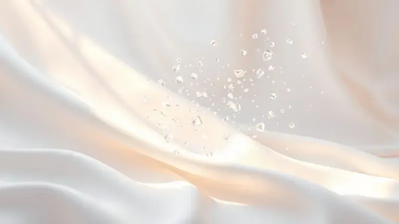Ilustração 3D de uma superfície de tecido impecável com partículas cristalinas flutuantes simbolizando limpeza.