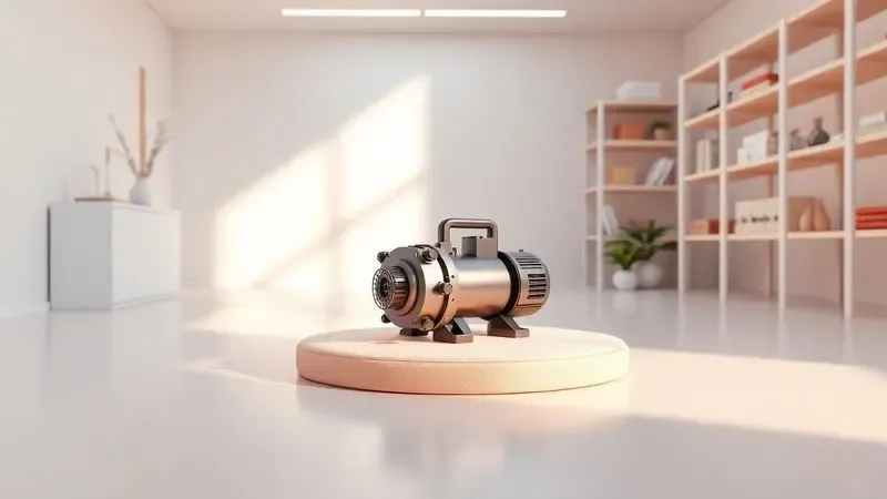 Imagem 3D de um inflador de colchão repousando sobre uma superfície macia em um ambiente limpo e organizado.