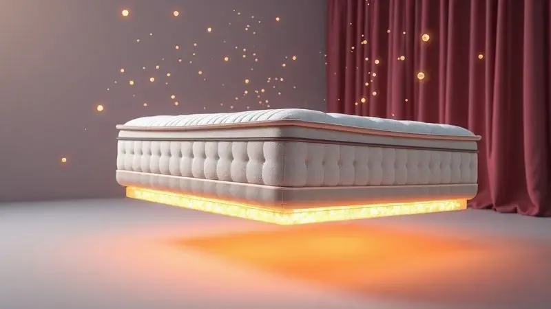 Ilustração 3D conceitual de um colchão flutuando em um ambiente onírico com iluminação dourada.