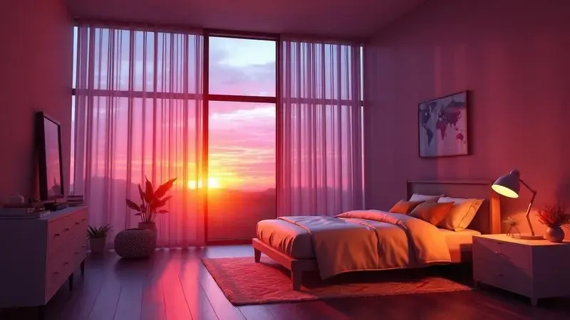 Quarto aconchegante com iluminação suave de fim de tarde destacando uma cama convidativa e relaxante.