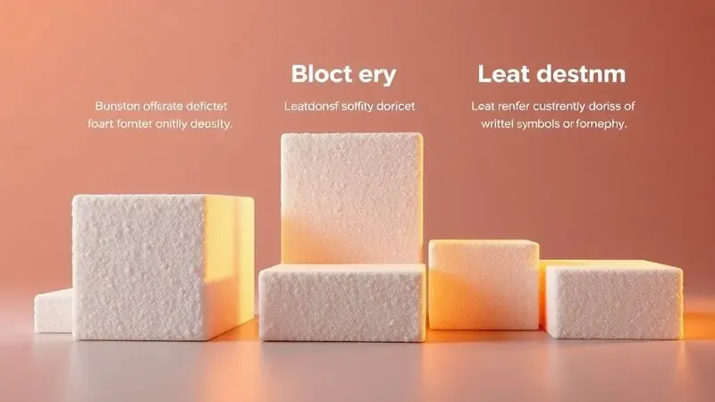 Representação conceitual de diferentes densidades de espuma para colchões, mostrando texturas e níveis de firmeza em 3D.