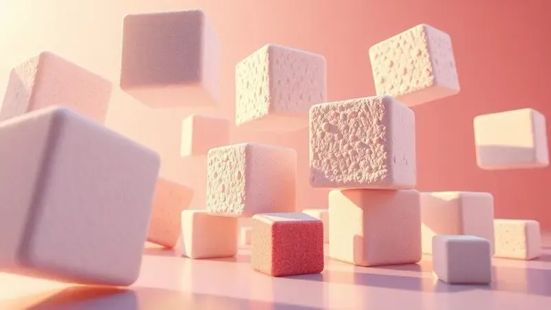 Ilustração 3D de diferentes blocos de espuma macia e densa flutuando em um ambiente estilizado.