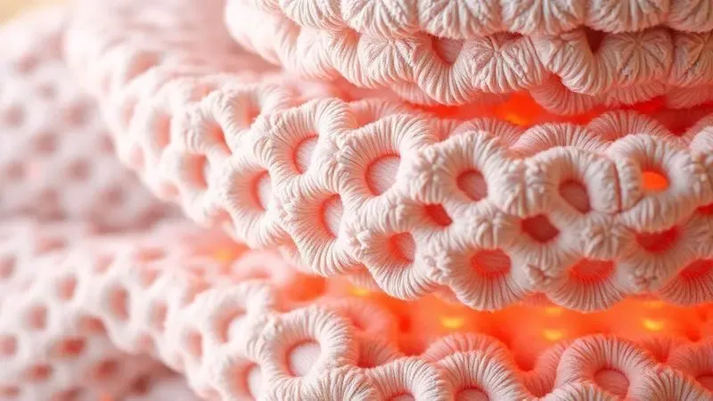 Close-up 3D de texturas de tecido macio e camadas de espuma com padrões geométricos elegantes e iluminação suave.
