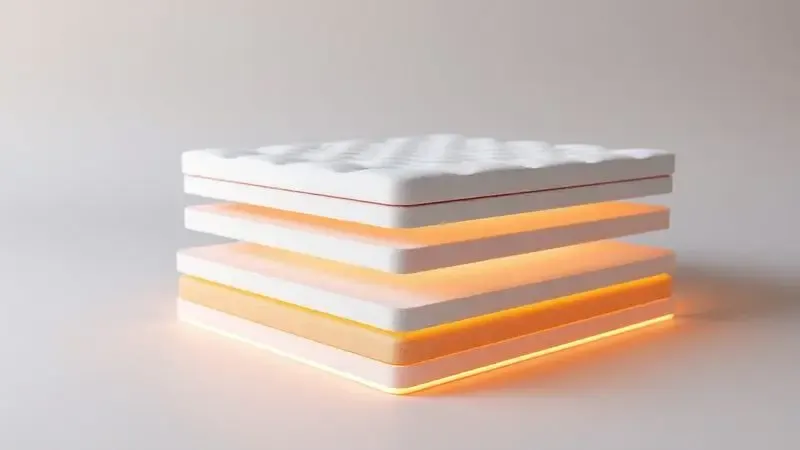 Representação em 3D das camadas internas e materiais de um colchão de alta qualidade com iluminação suave.
