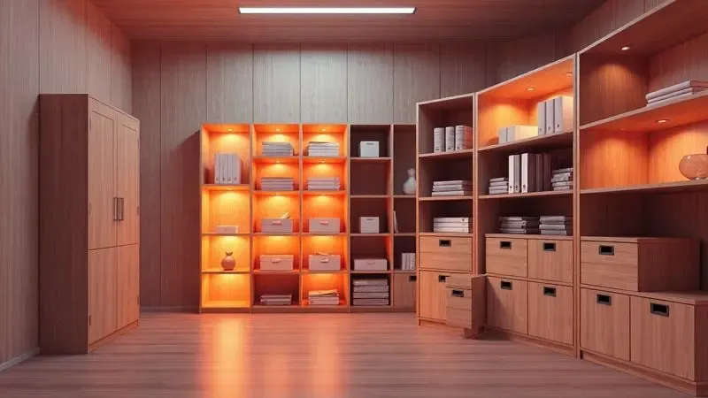 Cena 3D minimalista de um espaço de armazenamento moderno e organizado com iluminação quente e texturas suaves.