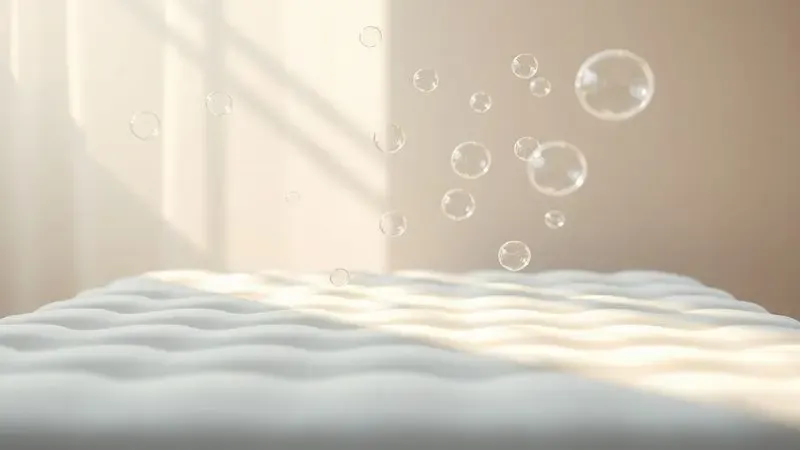 Representação de limpeza e manutenção da superfície de um colchão com iluminação suave e gotas de água estilizadas.