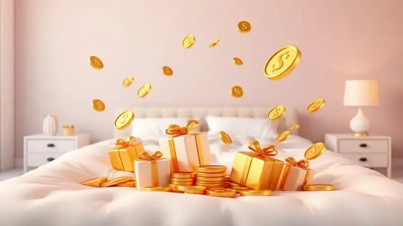 Representação 3D artística de economia e promoções na compra de colchões com moedas e elementos festivos.