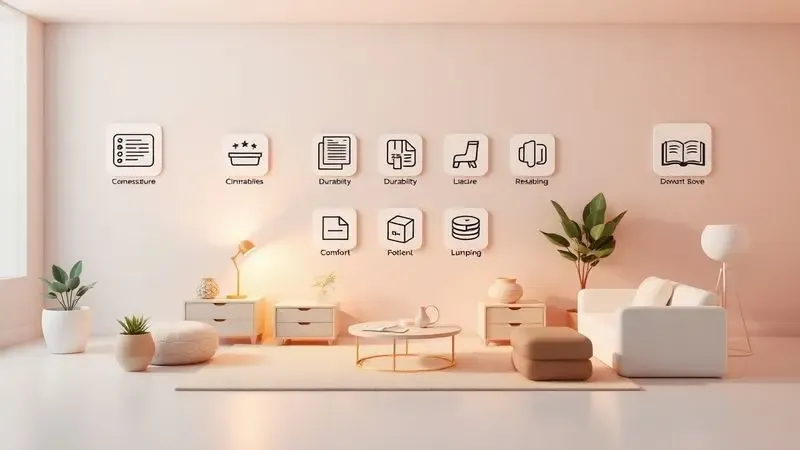 Composição 3D minimalista simbolizando critérios de escolha como firmeza, tamanho e durabilidade de um colchão.