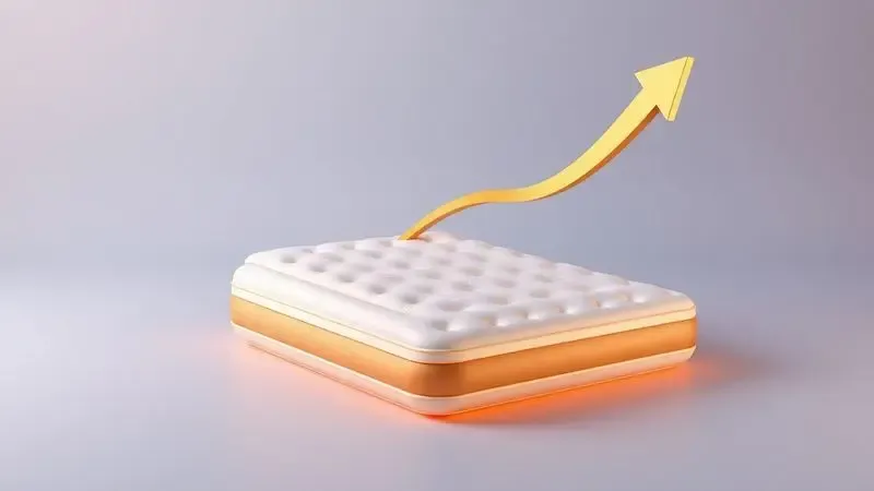 Ilustração 3D com elementos gráficos dourados simbolizando a eficiência e rapidez ao encher um colchão.
