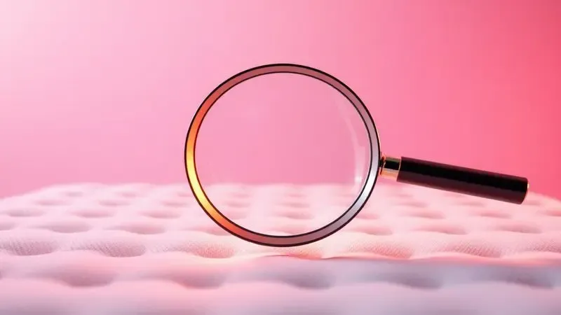 Lupa conceitual analisando a qualidade e textura de um colchão de molas ensacadas em renderização 3D.