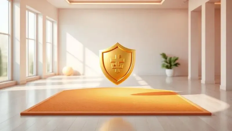 Ilustração 3D de um escudo dourado protetor sobre uma superfície limpa, simbolizando prevenção de danos.