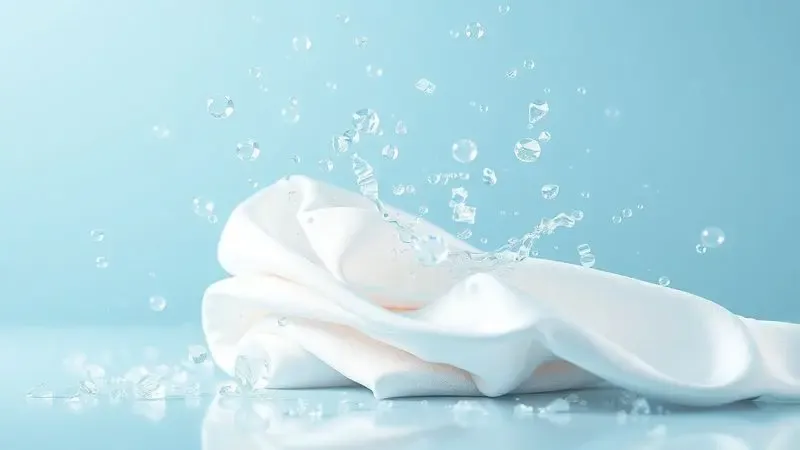 Ilustração 3D de gotas de água cristalinas e bolhas de sabão sobre tecido branco dobrado, representando limpeza e frescor.