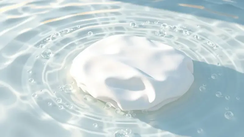 Ilustração 3D de bolhas e água limpa simbolizando o cuidado e lavagem correta de tecidos de cama.