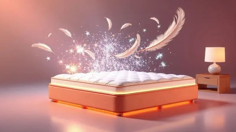 Ilustração 3D conceitual sobre manutenção e durabilidade de colchões com elementos de brilho, frescor e leveza.