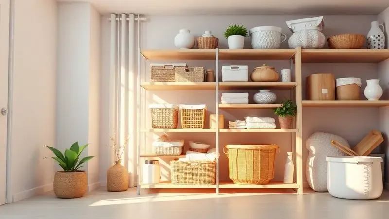 Ambiente de armazenamento limpo e organizado em 3D com luz solar suave e cores ricas.