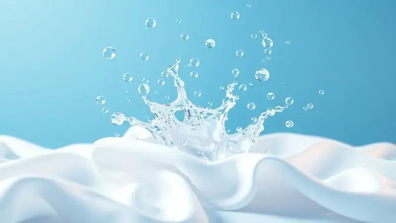 Ilustração conceitual 3D com bolhas e gotas de água simbolizando a limpeza e manutenção de tecidos.