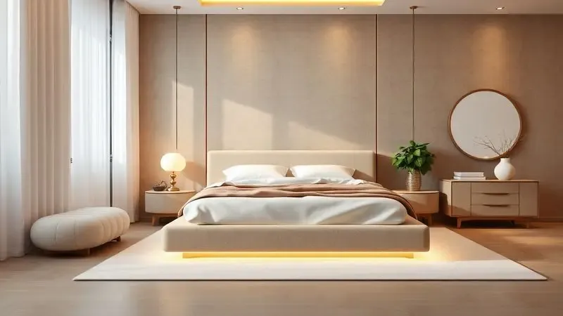 Quarto decorado com harmonia visual entre a base da cama e os elementos do ambiente em uma renderização 3D elegante.