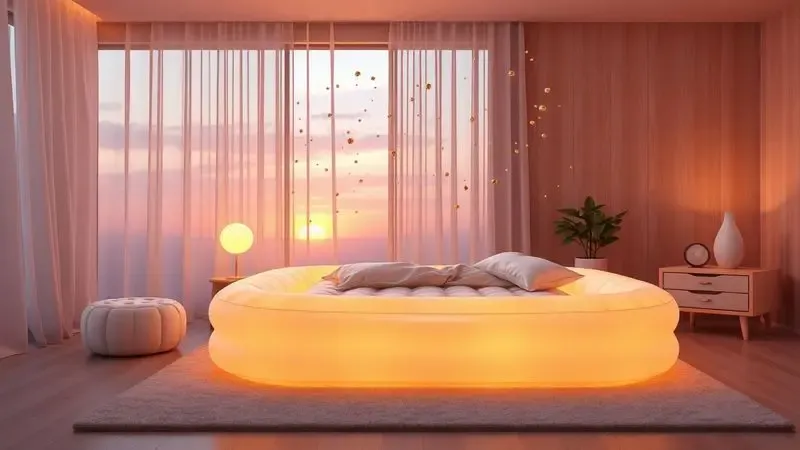 Cena 3D aconchegante de um colchão inflável em ambiente iluminado, representando durabilidade e conforto.
