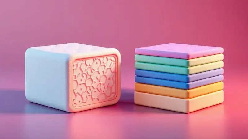 Comparação visual em 3D entre um núcleo rígido de EPS e camadas flexíveis de espuma de alta densidade.