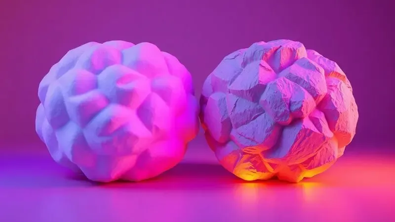 Representação artística 3D de duas superfícies com texturas diferentes, uma macia e outra firme, sob iluminação colorida.