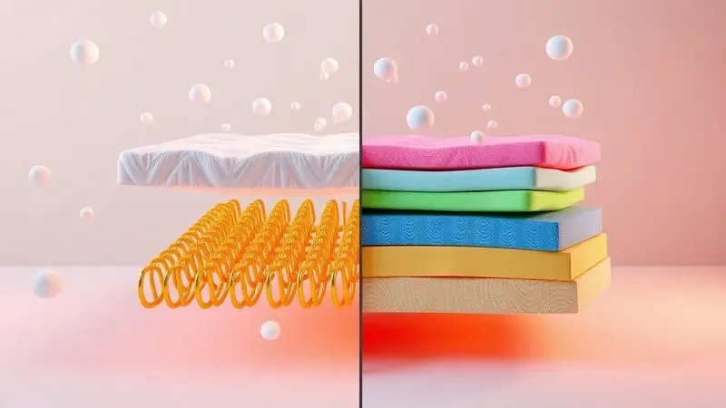 Visualização 3D comparativa entre a estrutura interna de molas metálicas e camadas de espuma premium.